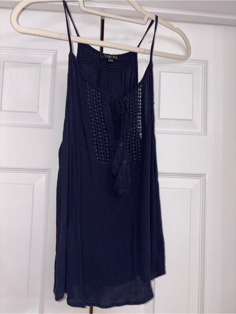 Timing Navy Crochet-Front Spaghetti Strap Camisole